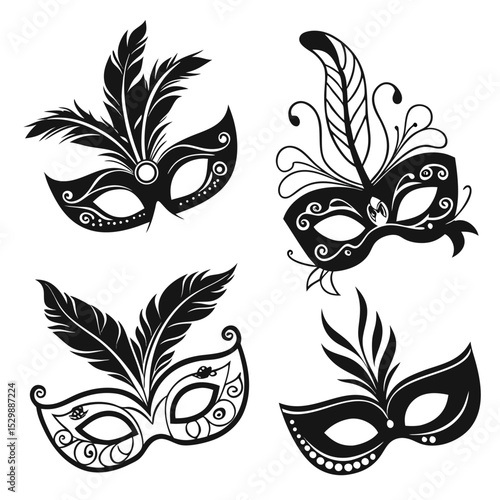 Elegant Black and White Carnival Masks with Feathers