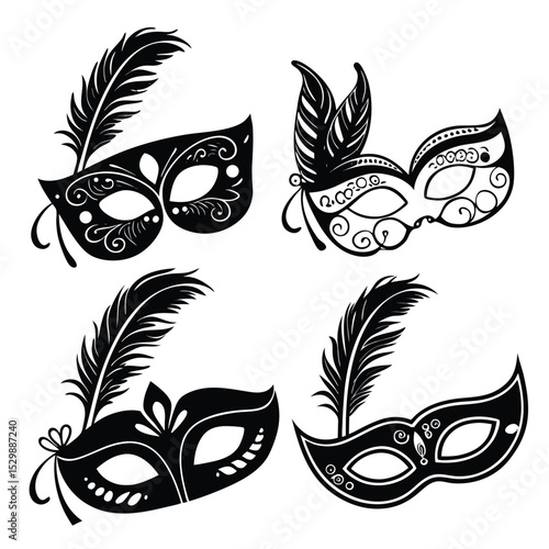 Four Decorative Carnival Masks with Feathers
