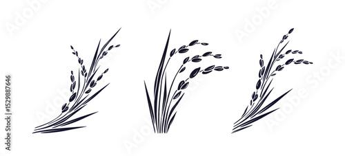 Rice plant, raw long grains Vector paddy ink  sign