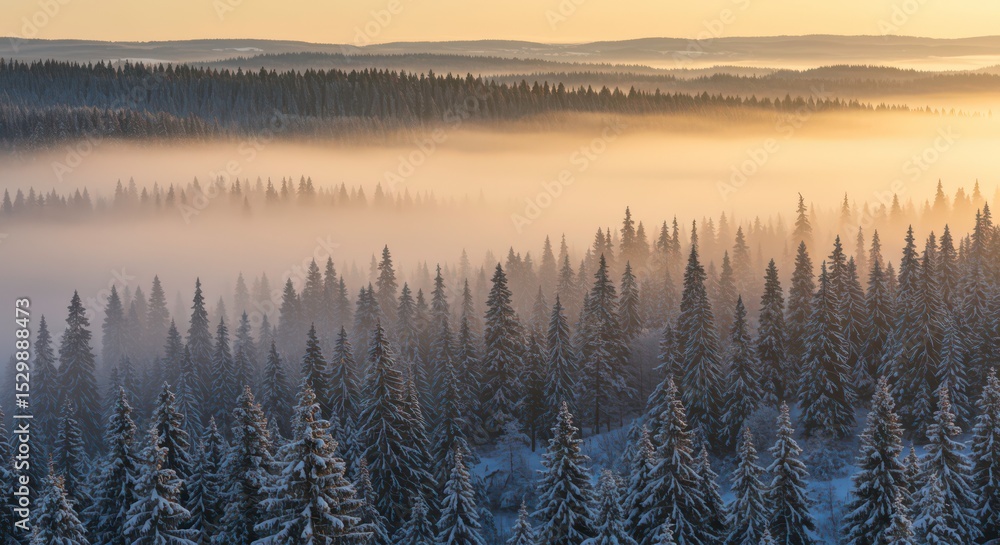 Fototapeta premium Dense snow covered pine forest over rolling hills with thick golden mist at sunrise showcasing peaceful and expansive winter landscape