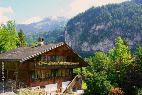 village in the swiss alps, sunny scenery 