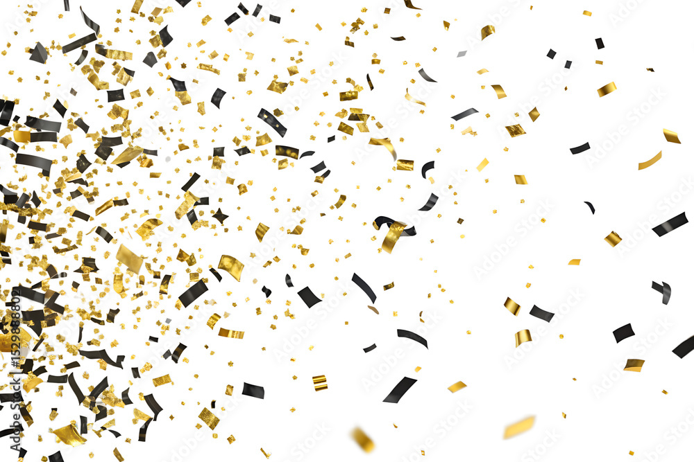 Obraz premium Gold and black confetti falling on transparent background, celebration glitter overlay, party element