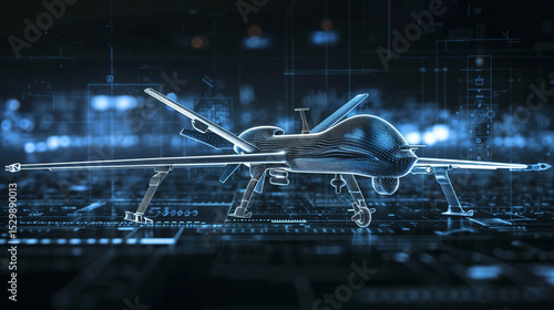 Futuristic military drone wireframe model with digital interface elements and holographic display technology for advanced warfare simulation systems