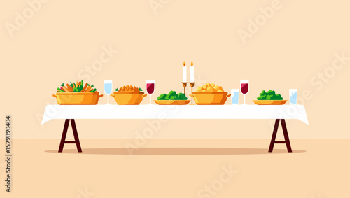 Abundant banquet table set with assorted dishes and drinks  