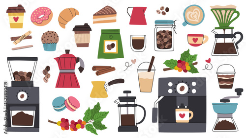 Cartoon coffee set. Coffee making devices, coffee grinder, machine and others. Sweets, cups, berries with leaves, coffee accessories.