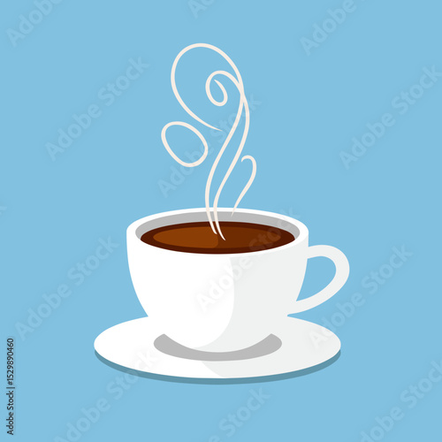 Freshly brewed coffee in white cup with steam on blue background  