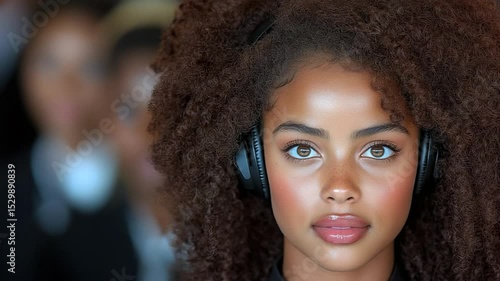 Portrait of a young woman with headphones, beautiful skin, and curly hair.
