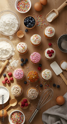 Wallpaper Mural Flat lay of cupcakes and baking ingredients on a wooden countertop, lifestyle cooking scene Torontodigital.ca
