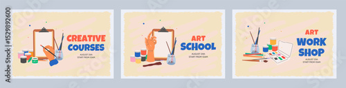 A set of horizontal banners, for art schools, studios, drawing courses and workshops. Art supplies for creativity: pencils, paints, brushes, watercolors. Flat vector illustration. 