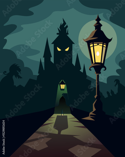 The gaslights shadow seemed to have a mind of its own appearing and disappearing at will causing one to question their sanity.. Vector illustration