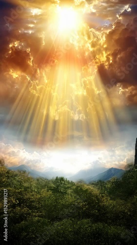 Bright heavenly sun rays shining through scenic clouds illuminate lush mountains and mystical sky landscape, creating divine ethereal atmosphere
