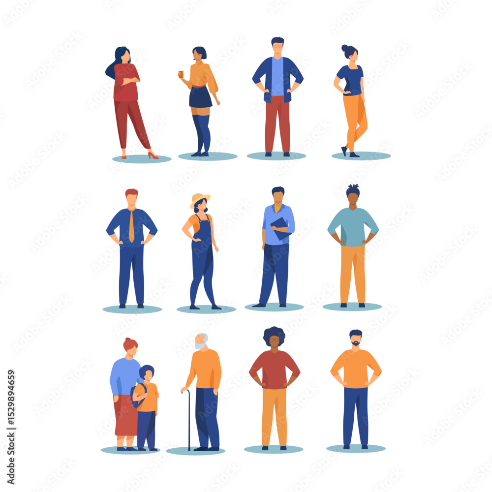 Fototapeta premium Illustration vector graphic of diverse people characters including men, women, elderly, and children in casual clothing. Perfect for community, diversity, or infographic design