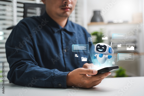 AI content creation tools: Man uses laptop with AI assistant for graphic design, translation, chatbot, image creation, coding, and advertising.