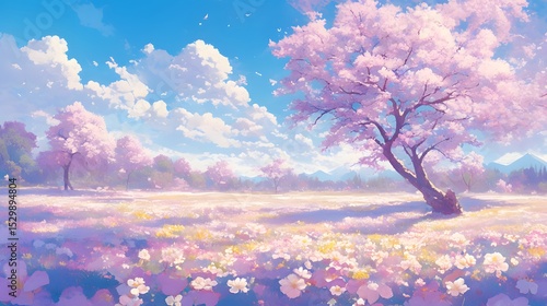 Idyllic Spring Landscape with Cherry Blossoms and Mountain View Under Blue Sky – Nature Fantasy Art Background