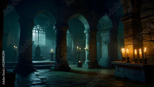 A dark, candlelit crypt beneath a crumbling castle. A coven of witches in tattered robes chant around a glowing cauldron, their faces obscured by hoods. Eerie green mist swirls around ancient pillers.