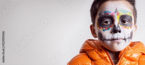 The child with colorful face paint in a playful Halloween costume.