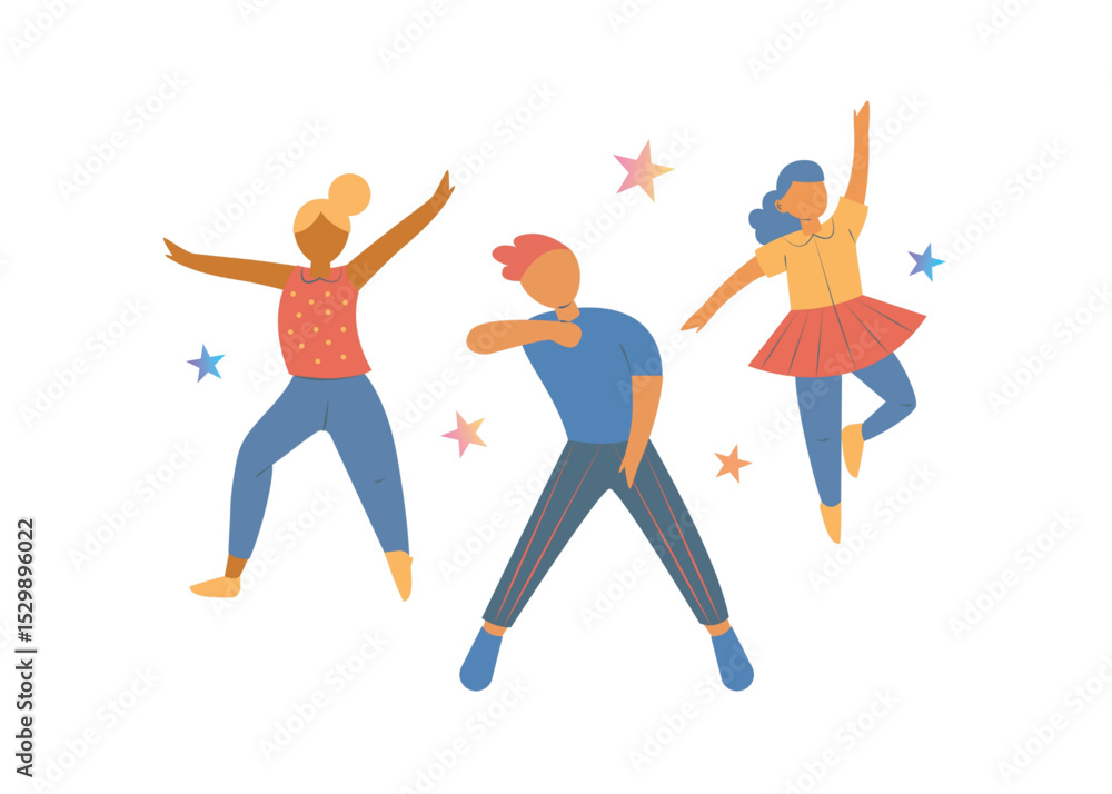 Joyful Dance Illustration Three Diverse Friends Celebrating with Energetic Moves Joyful Dance Illustration Three Diverse Friends Celebrating with Energetic Moves