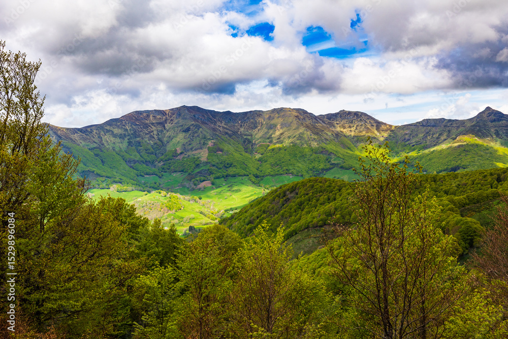 Fototapeta premium Panorama of the Cantal mountains around the Jordanne Valley from a hiking trail through the forest of Mandailles-Saint-Julien