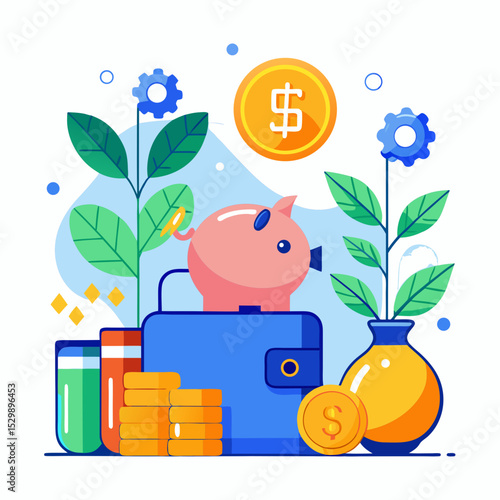 World Savings Day Piggy Bank and Money Vector Illustration on White Background