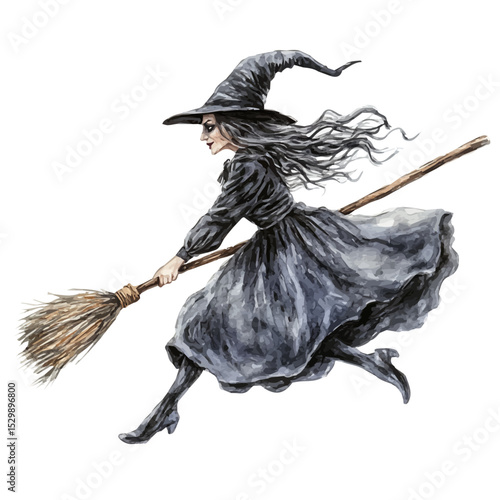 Halloween Witch Flies Broomstick, watercolor clipart vector, isolated on a white background.