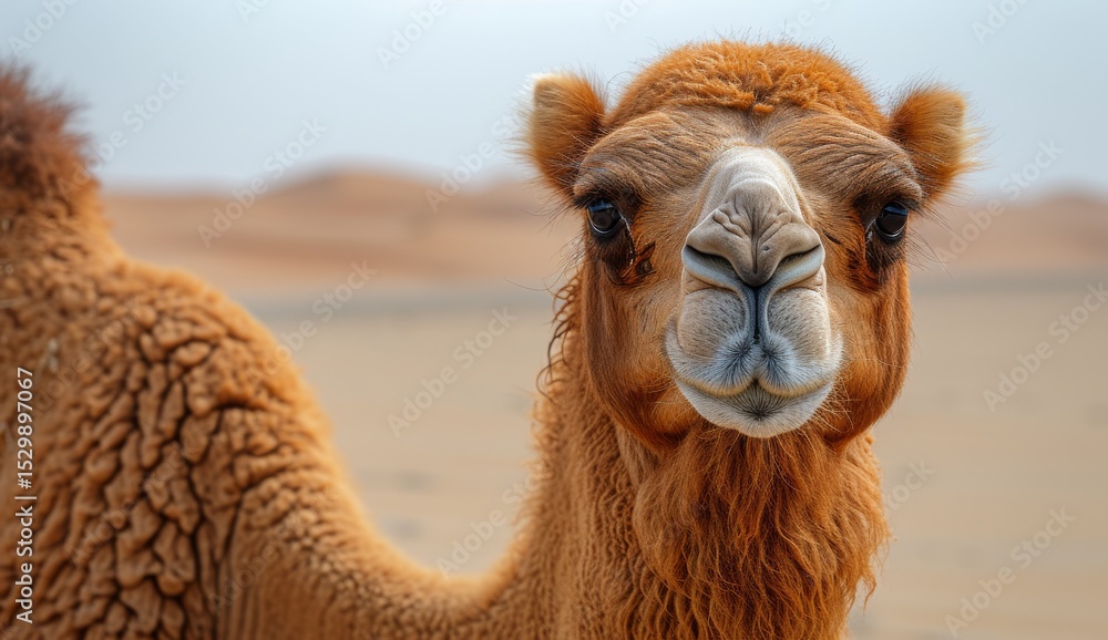 Obraz premium A calm and curious camel gazes directly at the viewer, showcasing its unique features against the warm tones of the surrounding desert landscape.