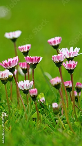 Delicate pink and white daisies in lush green grass