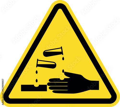 Chemical hazard corrosive warning sign. Black on yellow background. Safety signs and symbols.