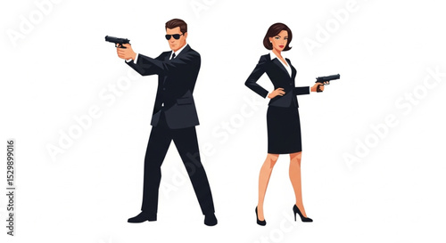 Cartoon Secret Agent Man and Woman with Handgun Vector Illustration Set