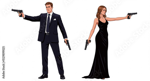 Cartoon Secret Agent Man and Woman with Handgun Vector Illustration Set
