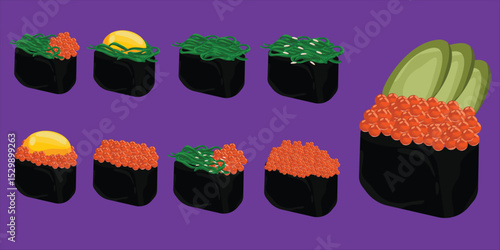 Assorted Gunkan Sushi Set with Tobiko Ikura Egg and Wakame Toppings

