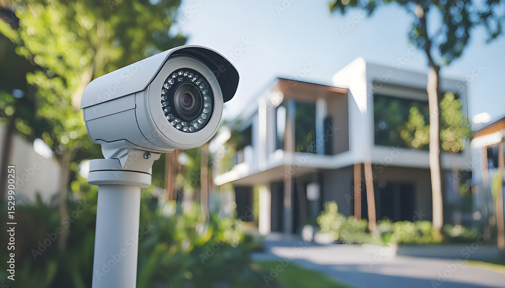 Modern security camera installed outside stylish home. Surveillance system, house protection, residential safety concept. Camera records events, provides peace mind for family. Smart tech equipment Modern security camera installed outside stylish home. Surveillance system, house protection, residential safety concept. Camera records events, provides peace mind for family. Smart tech equipment