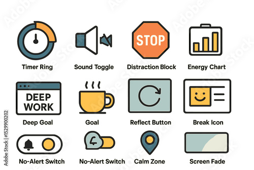 Productivity interface: timer, sound, distraction block, energy chart icons