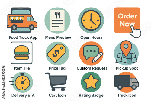 Food truck app icons: order, menu, delivery, ratings, and custom requests