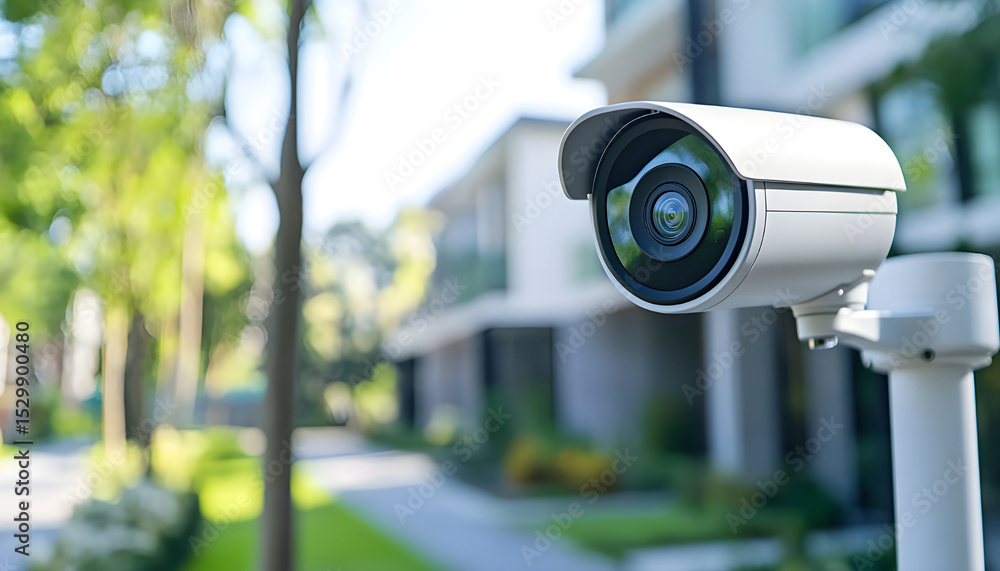 Modern security camera installed outside stylish home. Surveillance system, house protection, residential safety concept. Camera records events, provides peace mind for family. Smart tech equipment Modern security camera installed outside stylish home. Surveillance system, house protection, residential safety concept. Camera records events, provides peace mind for family. Smart tech equipment