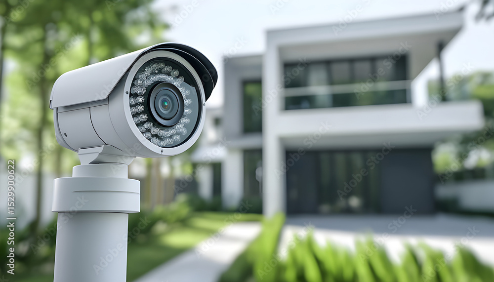 Modern security camera installed outside stylish home. Surveillance system, house protection, residential safety concept. Camera records events, provides peace mind for family. Smart tech equipment Modern security camera installed outside stylish home. Surveillance system, house protection, residential safety concept. Camera records events, provides peace mind for family. Smart tech equipment