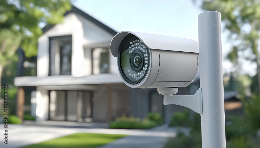 Modern security camera installed outside stylish home. Surveillance system, house protection, residential safety concept. Camera records events, provides peace mind for family. Smart tech equipment Modern security camera installed outside stylish home. Surveillance system, house protection, residential safety concept. Camera records events, provides peace mind for family. Smart tech equipment