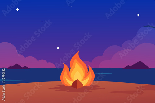 Beach bonfire at night minimalist illustration
