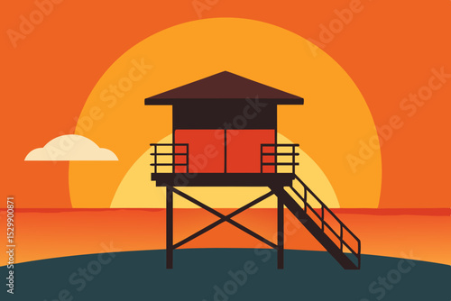Sunset at the beach lifeguard tower