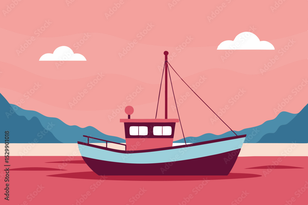 Naklejka premium Small fishing boat at sunset coastal scene