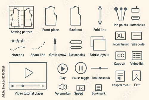 Sewing pattern icons: front, back, notches, fabric layout, video controls