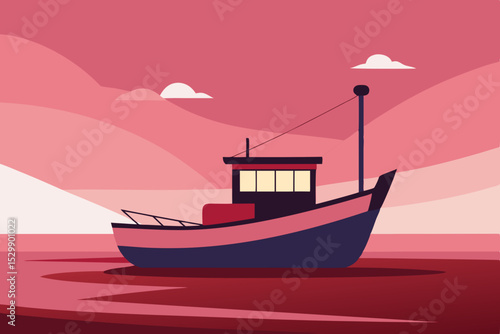 Small fishing boat at sunset minimalist illustration