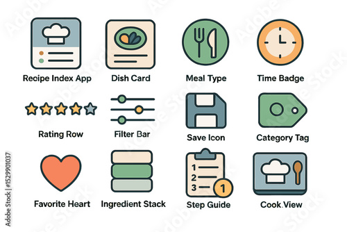 Kitchen app icons for recipes and cooking features