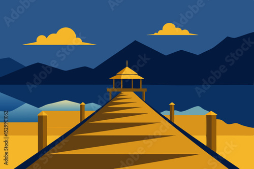 Serene lakeside pavilion wooden pier landscape