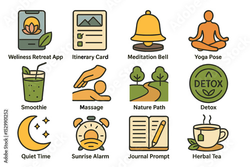 Icon set for wellness retreats: meditation, yoga, detox, path, tea