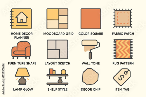 Home decor elements: planner, grid, color, fabric, furniture, layout, wall, rug, lamp, shelf, decor, chip, tag