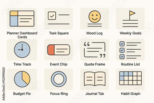 Minimalist planner icons with tasks, goals, and tracking elements in soft beige