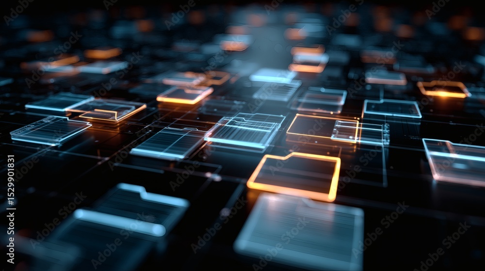 Fototapeta premium Abstract digital folders in shades of blue and orange scattered across a grid, representing digital storage and file management.