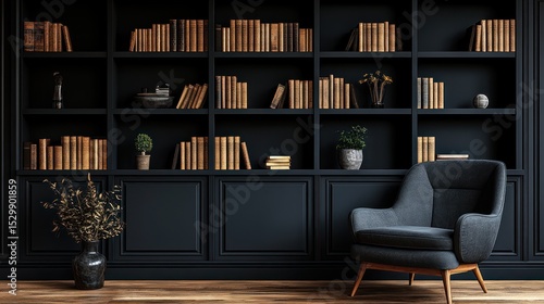 Dark, rich library with bookshelves and armchair