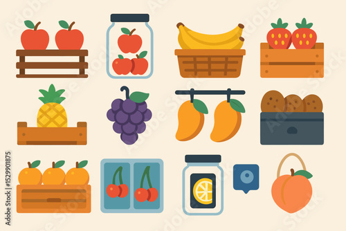 Colorful display of fresh fruits and preserves in containers and baskets
