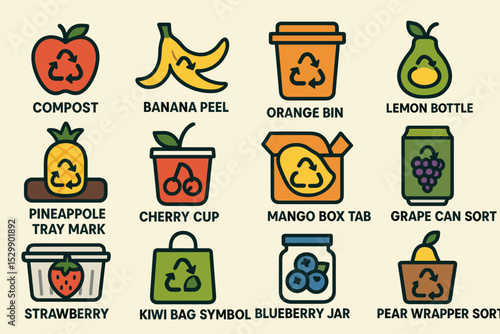 Recycling symbols on fruit and food containers for waste management